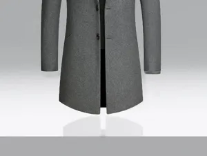 Close-up detail of mens grey wool blend trench coat fabric texture and front button design.