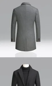 Men slim fit wool blend trench coat detail view showing back and front design winter