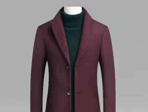 Men slim wool blend trench coat winter mid-length overcoat in burgundy with turtleneck.
