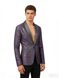 Detail view of the colorful sequined men's blazer, showing sparkly texture and black lapel.