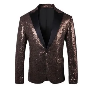 Men's brown sequin blazer tuxedo jacket with black satin lapel for stage performance.