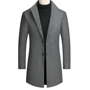 Men's Slim Fit Wool Blend Mid Length Trench Coat Winter Casual Single Breasted Lapel Overcoat