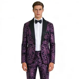 Costume de smoking a sequins violet pour homme revers châle tenue de scène de fête