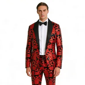 Costume de smoking à sequins rouges pour hommes, ensemble de blazer de scène noir.