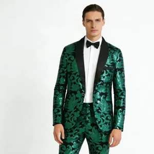 Costume de soiree homme a paillettes vertes avec col châle noir pour fete spectacle et club.