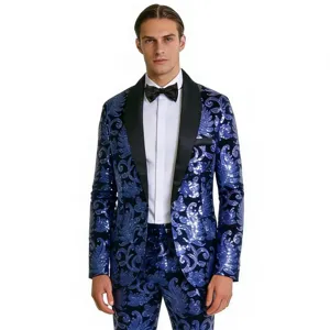 Costume de smoking à paillettes bleues pour hommes veste et pantalon vue de face studio