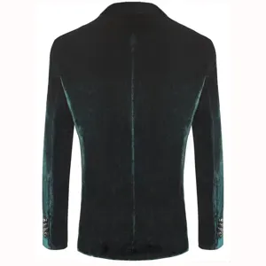 Back view of mens dark green velvet blazer, slim fit fabric and fine cuff button detail.