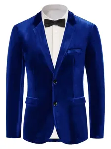 Detailed view of the blue velvet blazer featuring classic lapel and smooth fabric.
