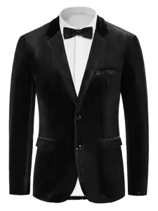 Men's black velvet suit jacket slim fit blazer paired with white shirt and bow tie stylish
