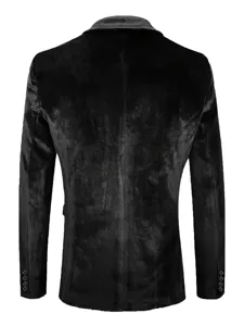 Men's black velvet casual slim-fit suit jacket blazer, back view displaying sleek style.