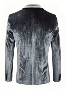 Men velvet blazer jacket back view detail, slim fit casual suit coat grey fashion 2025