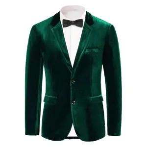 Men's dark green velvet slim fit casual suit jacket blazer with white shirt and black bow tie