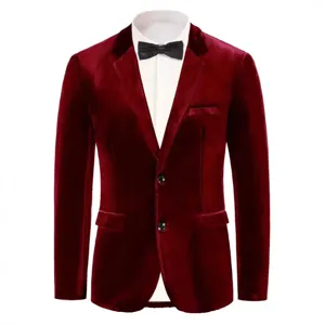 Men's Luxury Red Velvet Slim Fit Suit Jacket Blazer with White Shirt and Black Bow Tie