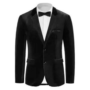 Men's black velvet blazer slim fit suit jacket with shirt collar for formal business party.