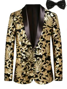 Detailed view of men's black and gold sequin velvet tuxedo blazer jacket with shawl lapel.