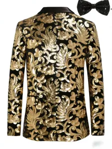 Men gold sequin floral velvet blazer with matching bow tie stylish stage performance suit jacket