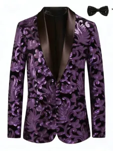 Men's Purple Velvet Sequin Tuxedo Blazer Shawl Lapel Party Suit Jacket with Bow Tie