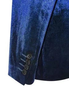 Men velvet suit jacket sleeve detail, luxury blue velvet blazer cuff with stylish buttons.