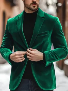Men's green velvet blazer slim fit suit jacket for wedding party formal evening wear detail