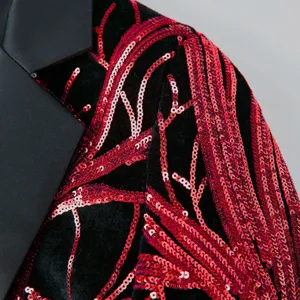 Detailed close-up view of black velvet blazer with sparkling red sequin branch pattern.