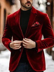 Men red velvet blazer single button casual suit jacket winter stylish outerwear for men