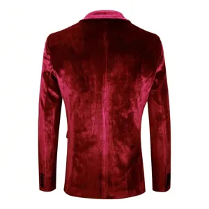 Men's velvet suit jacket back view, elegant burgundy blazer for formal parties and weddings.