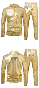 Mens gold metallic tracksuit jacket and matching pants set for stage performance parties.