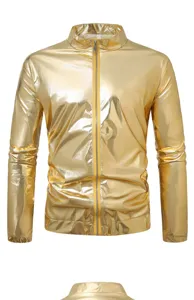 Detailed view of the shiny metallic gold men jacket, featuring a mock neck and full zipper closure.