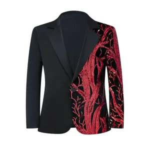 Boys stylish black and red sequin branch pattern blazer jacket for party stage wear.