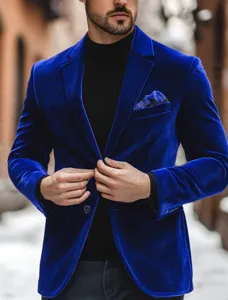 Men royal blue velvet casual blazer jacket long sleeve single button stylish winter outerwear
