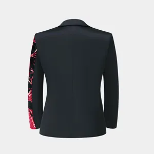 Back view of stylish boys black blazer jacket featuring striking red sequin branch sleeve detail.