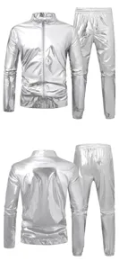Men silver metallic reflective jacket pants suit stage performance party outfit details.