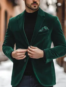 Men's dark green velvet casual suit jacket detail, elegant winter single-button blazer design.