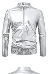Men's stylish silver metallic shiny zip-up stand collar jacket for party stage style.