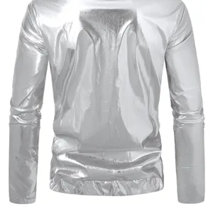 Shiny metallic silver men's long sleeve jacket for stage performance and party events.