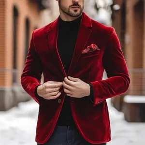 Men Velvet Casual Blazer Single Breasted One Button Suit Jacket Winter Christmas Party Business Outerwear