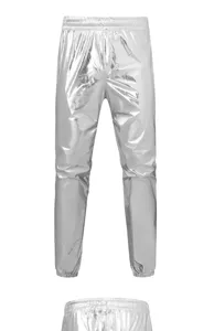 Silver metallic shiny pants for men, elastic waist stage party trousers detail view.