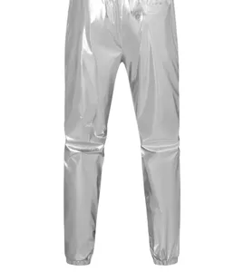 Men's silver metallic shiny trousers detail view, perfect for stage party and clubwear.