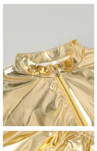 Men's shiny metallic stage performance jacket with stand collar and front zipper detail.