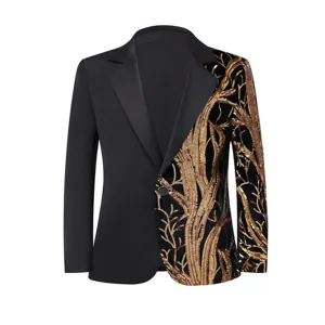 Close-up detail of the black and gold sequin tree branch pattern on the stylish blazer.