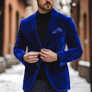 Men's royal blue velvet blazer jacket, casual single button winter suit coat for men stylish outfit.