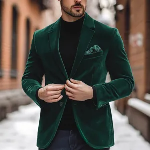 Men's dark green velvet casual blazer single-button winter suit jacket main product view