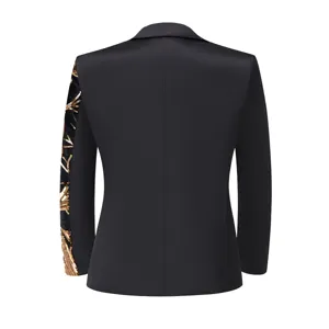 Boys black sequin blazer jacket detail view, stylish sparkly branch pattern design.