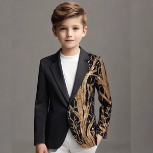 Details of boys luxury gold sequin branch blazer jacket showcasing exquisite craftsmanship and style.