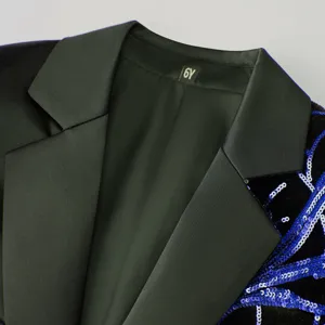 Boys velvet blazer lapel detail, featuring stylish blue sequin branch embroidery and satin finish.