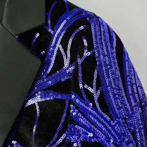 Boys velvet blazer detail featuring blue sequin embroidery branch pattern on satin lapel.