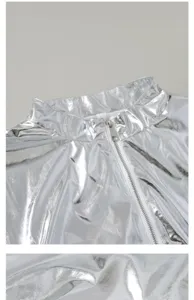 Metallic silver jacket collar detail, stylish stand-up collar with smooth front zipper.
