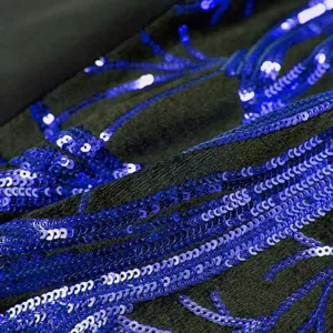 Close-up detail of dark fabric featuring intricate royal blue sequin embroidery patterns.