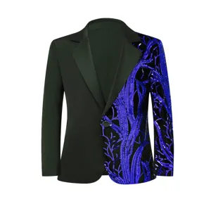 Boys shiny sequin blazer jacket detail, unique blue branch pattern and black lapel design.