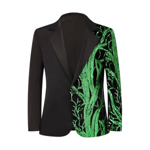 Boys Sequin Tree Branch Blazer Jacket Black Green Stylish Party Wedding Suit Outerwear